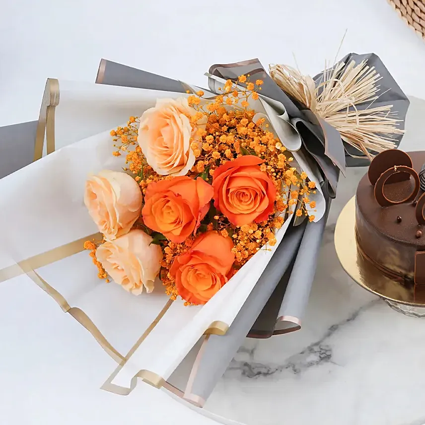 Online Chocolate Fudge Cake And Roses Bundle Gift Delivery In UAE FNP