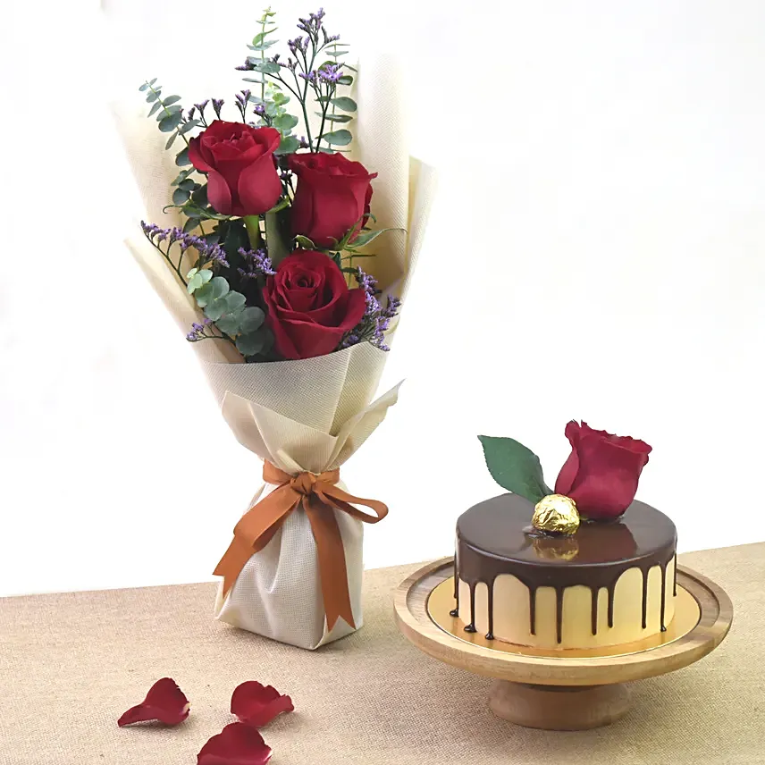 Half Kg Chocolate Delight Cake And Red Roses Bouquet: Valentines Day Gifts to Bahrain