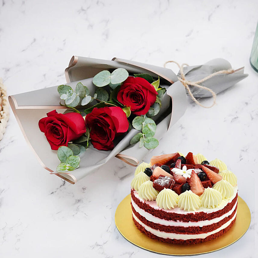 Red Velvet Cake and Bunch of 3 Red Roses: Combos