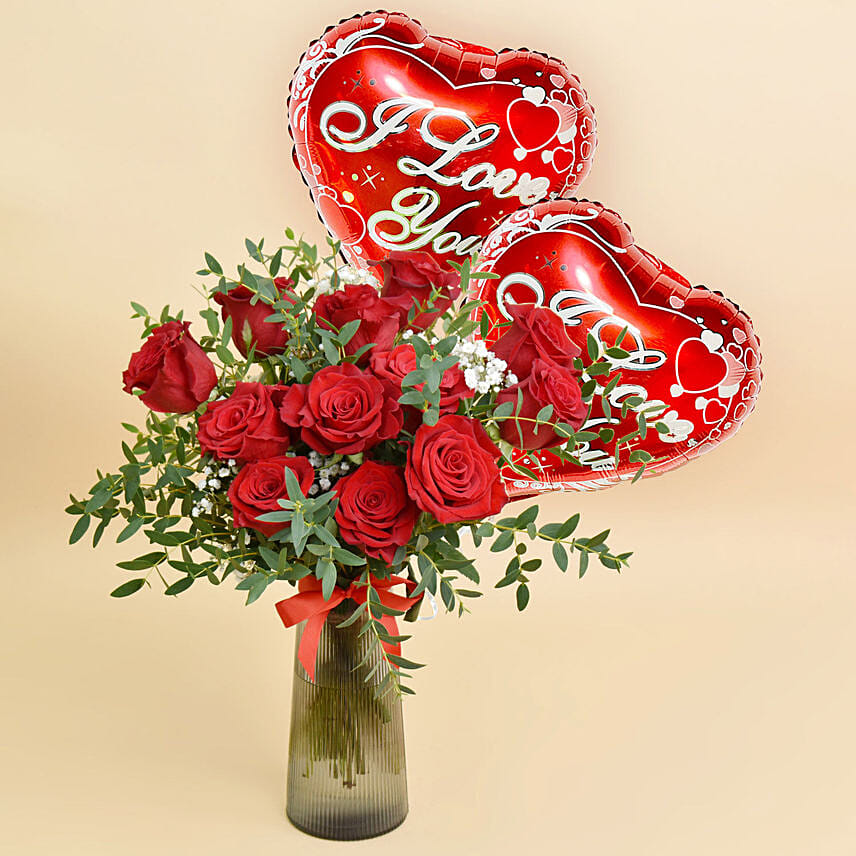 12 Red Roses in Premium Vase And Balloons: Valentines Day Gifts to Bahrain