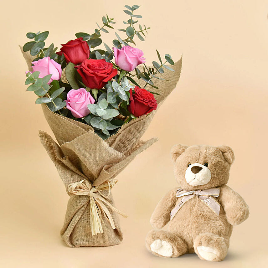 3 Pink 3 Red Roses Valentines Bouquet And Teddy: Valentines Day Gifts to Bahrain