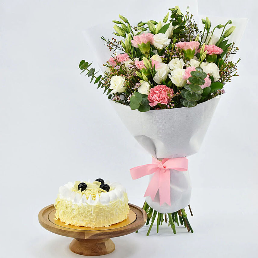 Sugar Free White Forest Cake and Flowers: Send Gift Combo to Kuwait