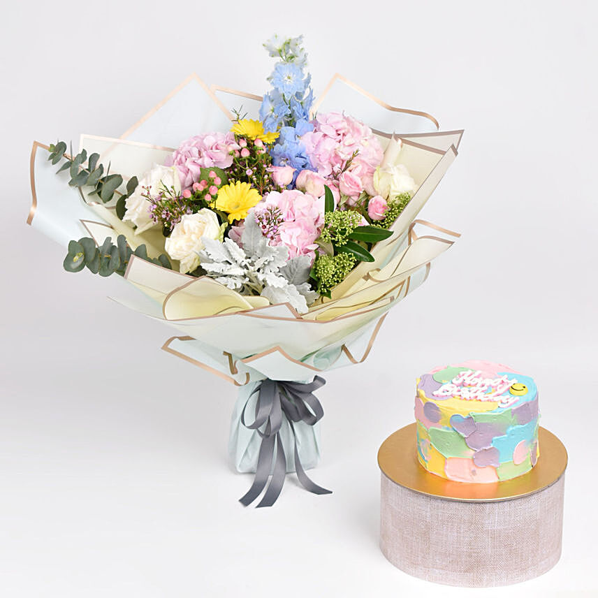 Birthday Happiness Flowers With Cake: 