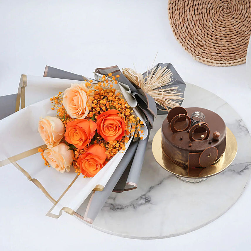 Chocolate Fudge cake and Roses Bundle: Gifts in Kuwait