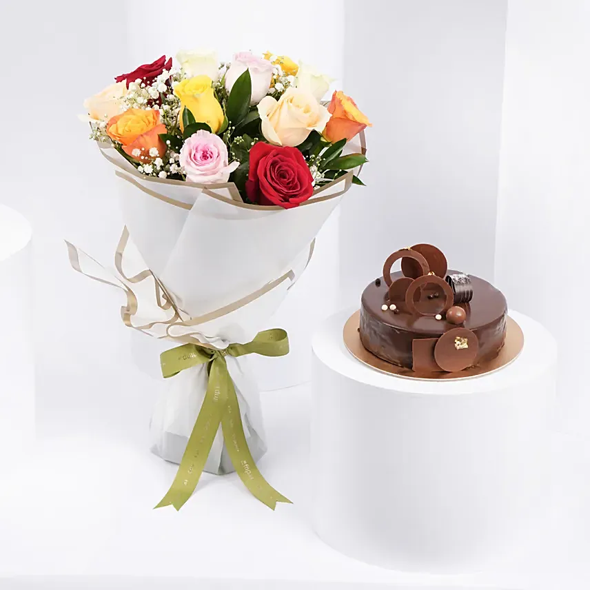 Dozen Multi Rose with Fudge Cake: 