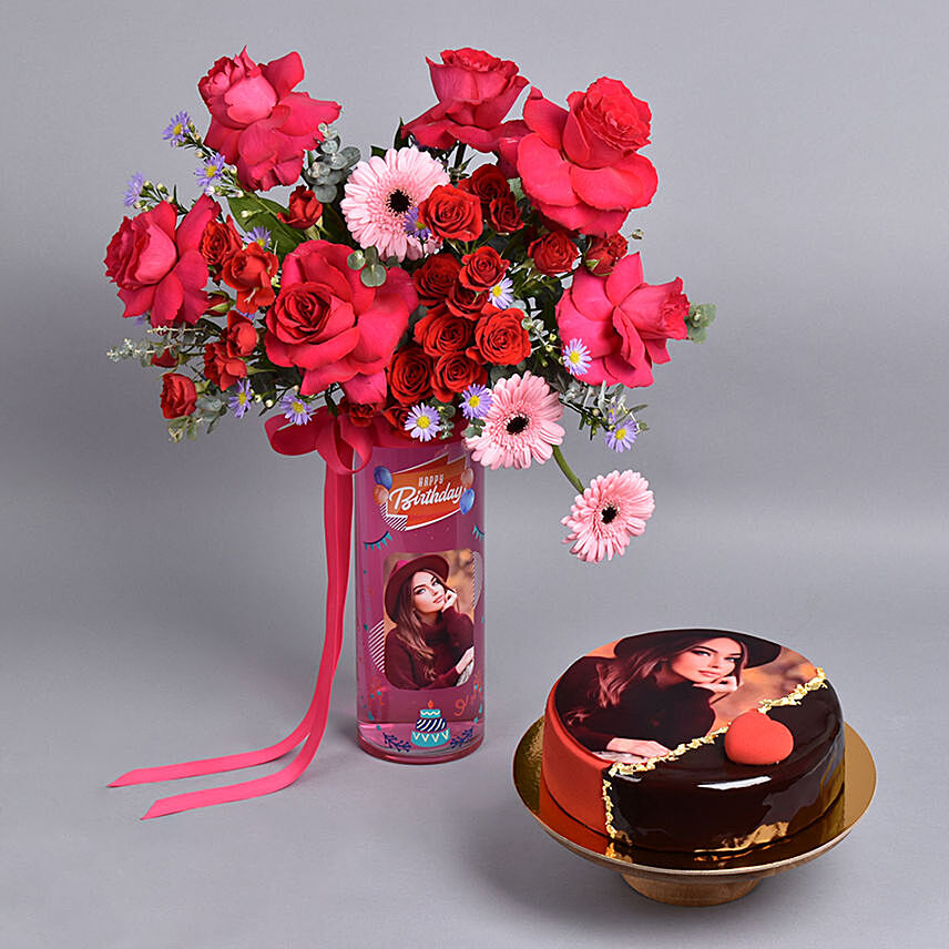 Personalised Vase Birthday Flowers With Cake: Flowers N Personalised Gifts 