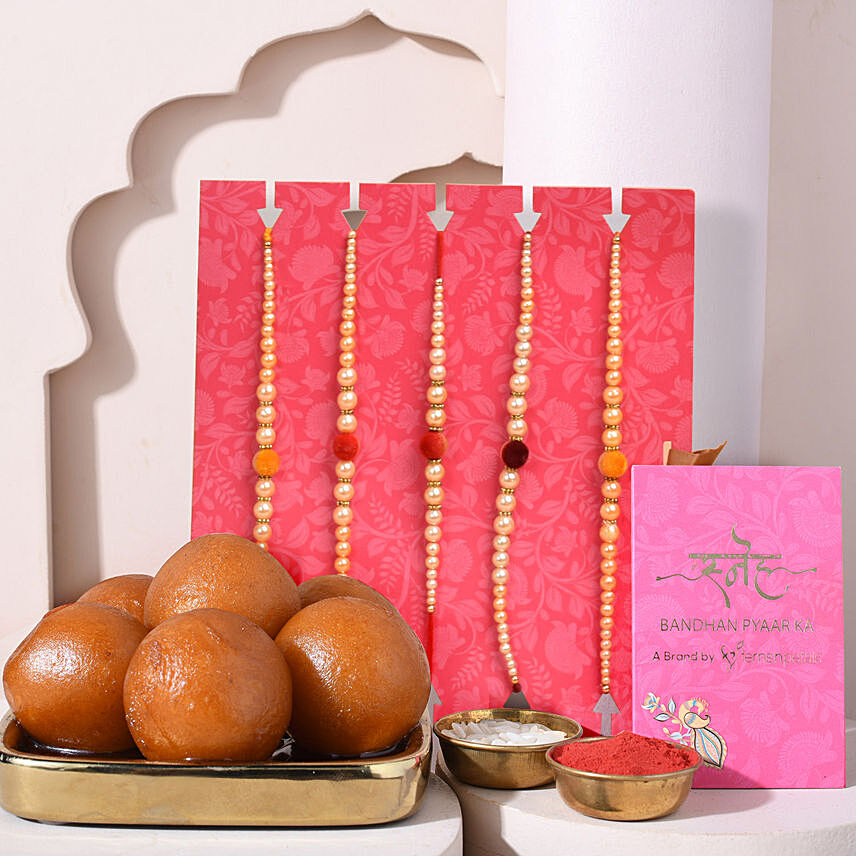 Sneh Radiant Pearls Rakhi Set & Gulab Jamun: Set of 5 Rakhi