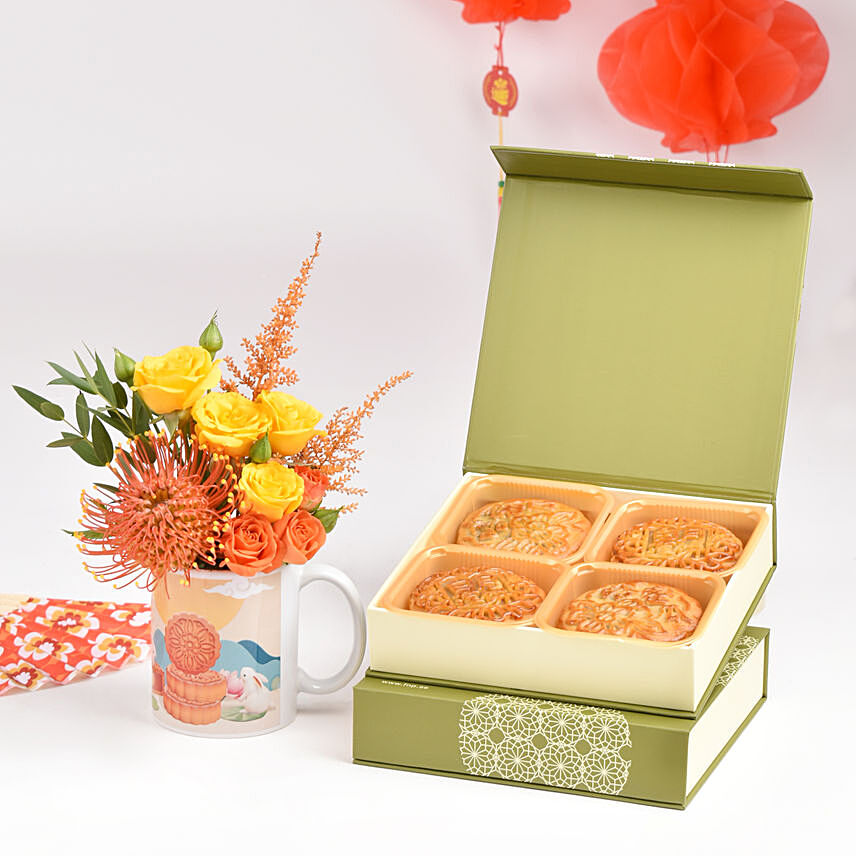 Happy Mid Autumn Flower in a Mug and Moon Cake: Mid Autumn Gifts