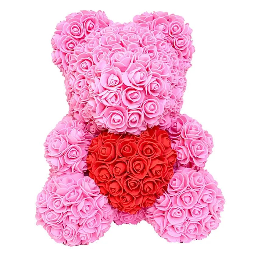 Rose Cuddle Artificial Teddy With Red Heart 33Cm: Rose Teddy Bears