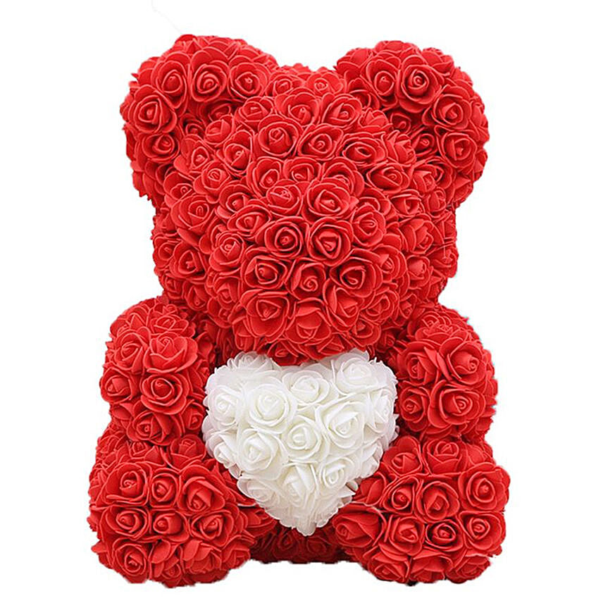 Rose Cuddle Artificial Teddy With White Heart 33Cm: 