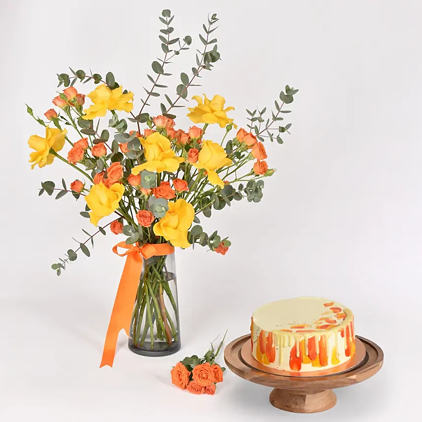 Orange and Yellow Roses and Cake: Easter Gifts