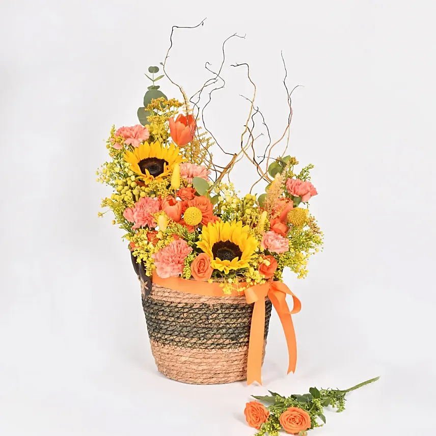 Vibrant Hues Flowers Basket: Basket Arrangements