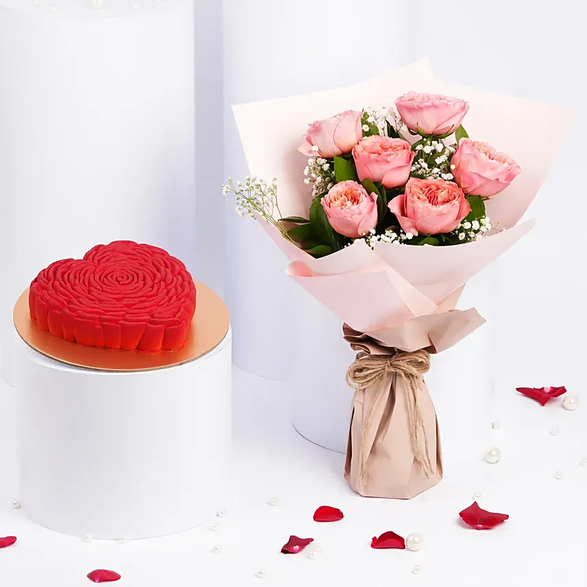Heart Shape Cake with 6 Pink Garden Roses Bouquet: Valentine Day Cakes for Her