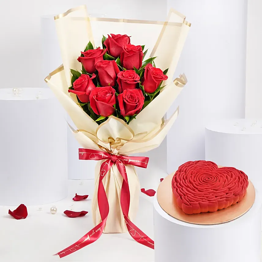 Love Expression 9 Roses Bouquet With Heart Shape Cake: Valentine Cakes for Her