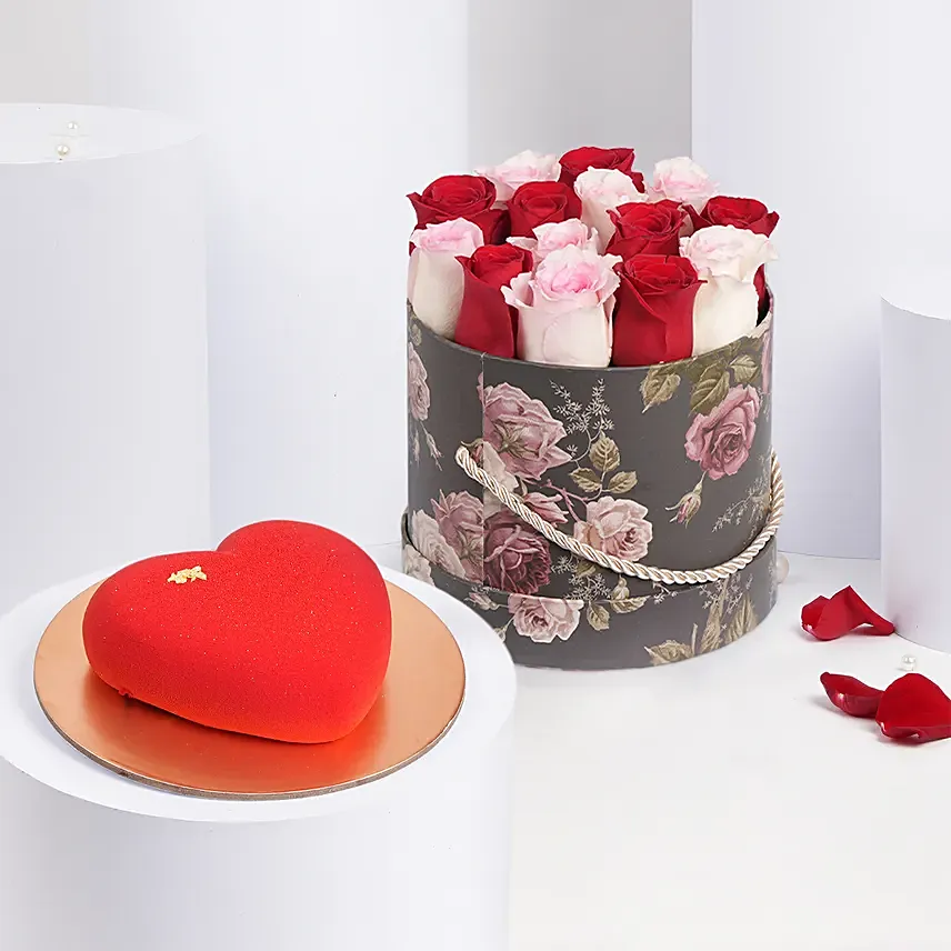 7 Red 7 Pink Roses Arrangement With Cake: Valentine Cakes for Her