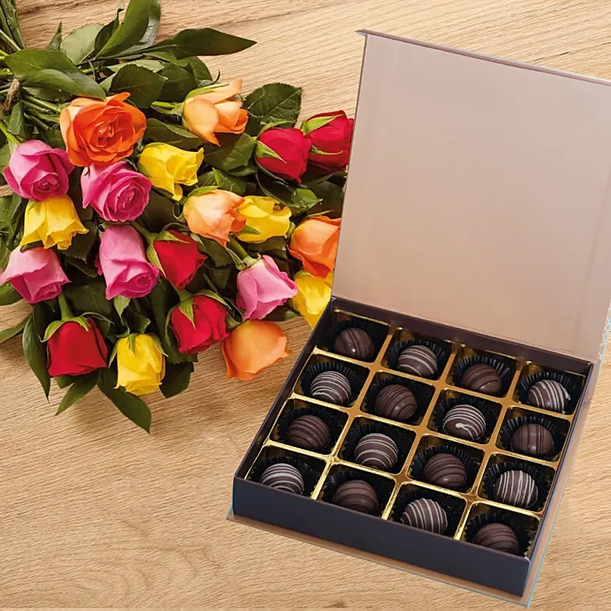Multicolor Roses n Chocolate Truffles: Flowers and Chocolate Delivery