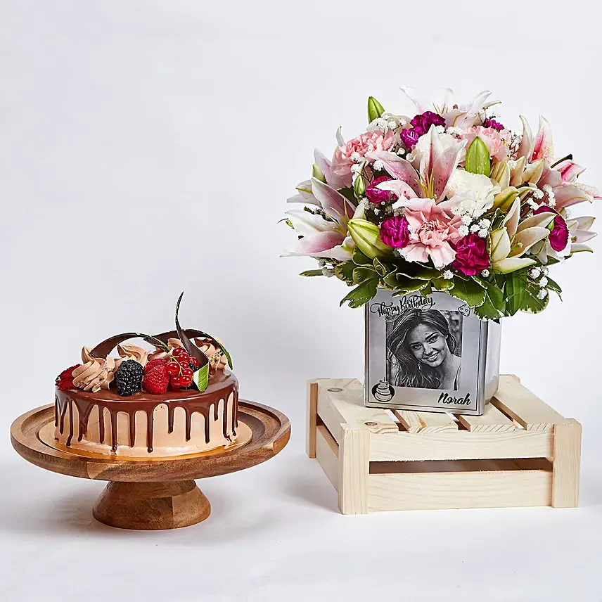 Personalised Birthday Flowers Vase n Cake: Flowers N Personalised Gifts 