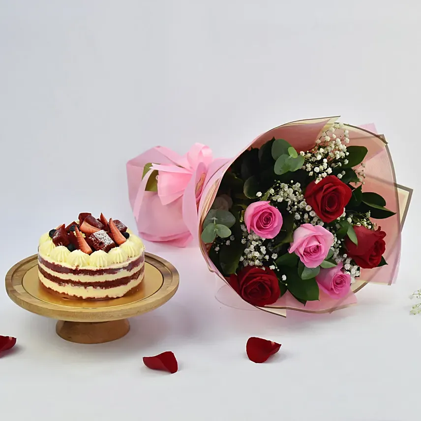 Pink and Red Roses with Red Velvet Cake: Happy Mothers Day Cake