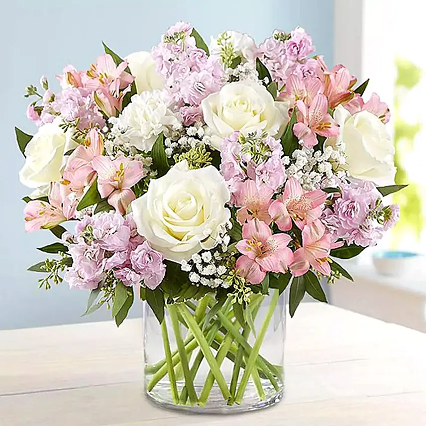 Pink and White Floral Bunch In Glass Vase: Women's Day Gifts