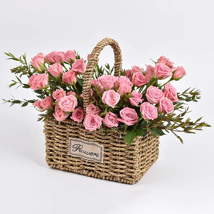 Pink Spray Rose in Small Basket: Basket Arrangements