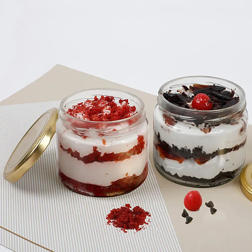 Red Velvet and Black Forest Jar Cakes: Cake In a jar
