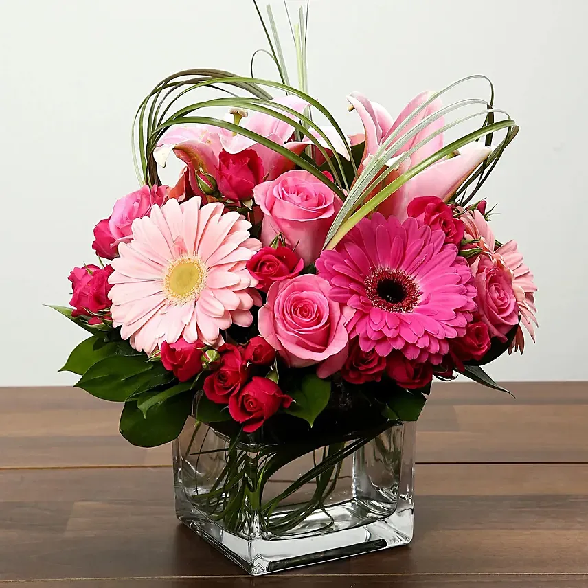 Roses and Gerbera Arrangement in Glass Vase: Breast Cancer Gifts