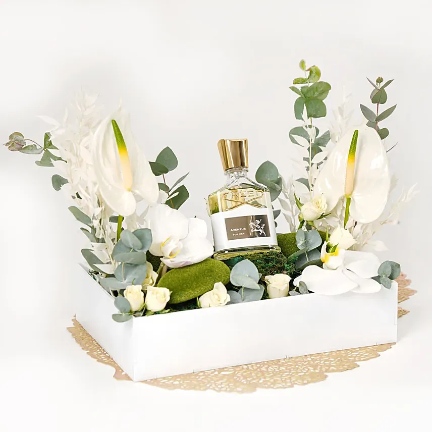 White Beauty with Creed Aventus Perfume For Her: Thank You Flowers 