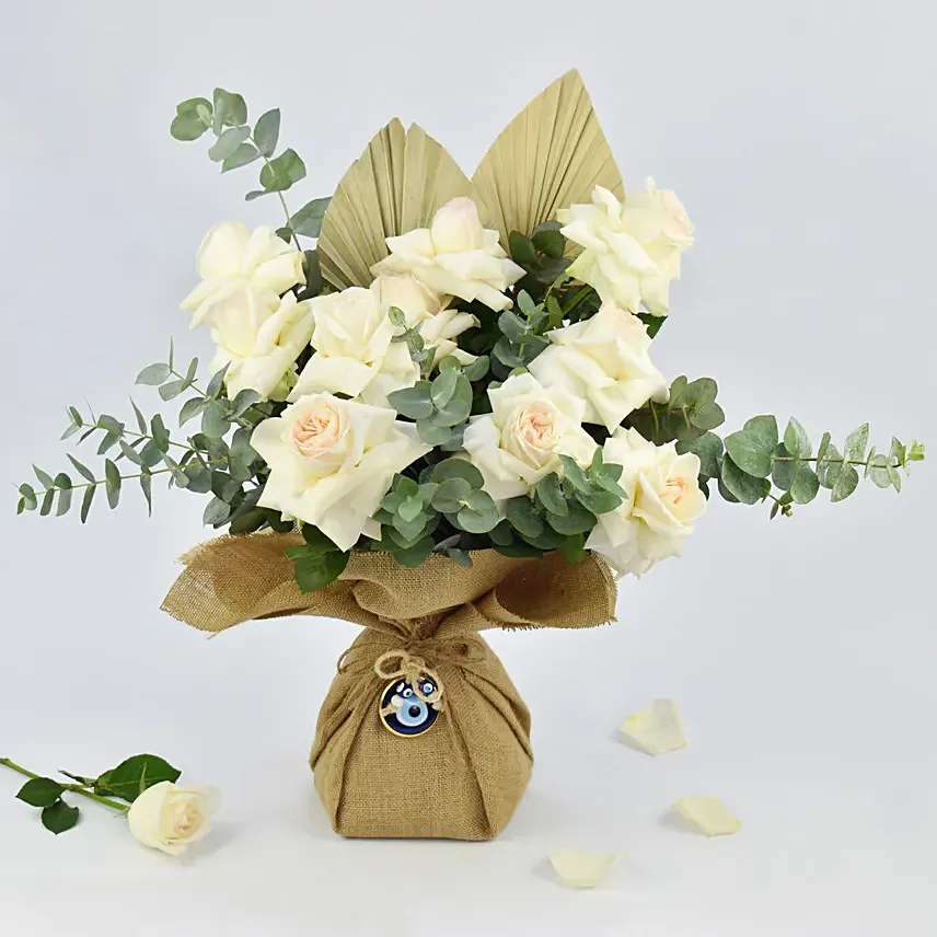 White Roses Bouquet with Evil eye: Breast Cancer Gifts