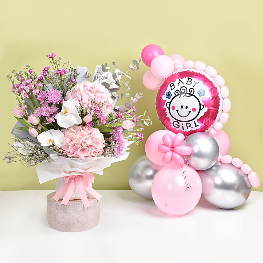 Baby Girl Balloons with Flowers Bouquet: Balloons Dubai