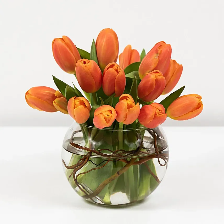 Beautiful Orange Tulips Fish Bowl: Birthday Flowers to Ras Al Khaimah