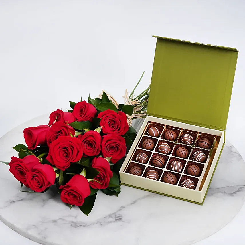 Chocolates and Hand Tied Red Rose Bouquet: Flowers and Chocolate Delivery