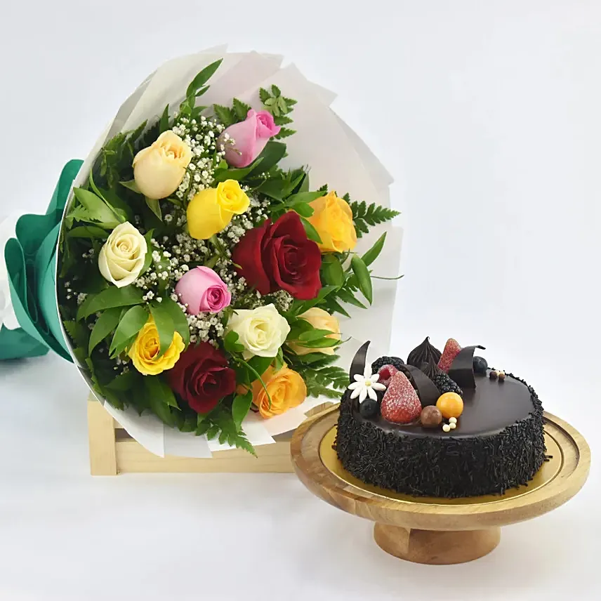 Dozen Multi Roses with Fudge Cake: Christmas Flowers & Cakes 