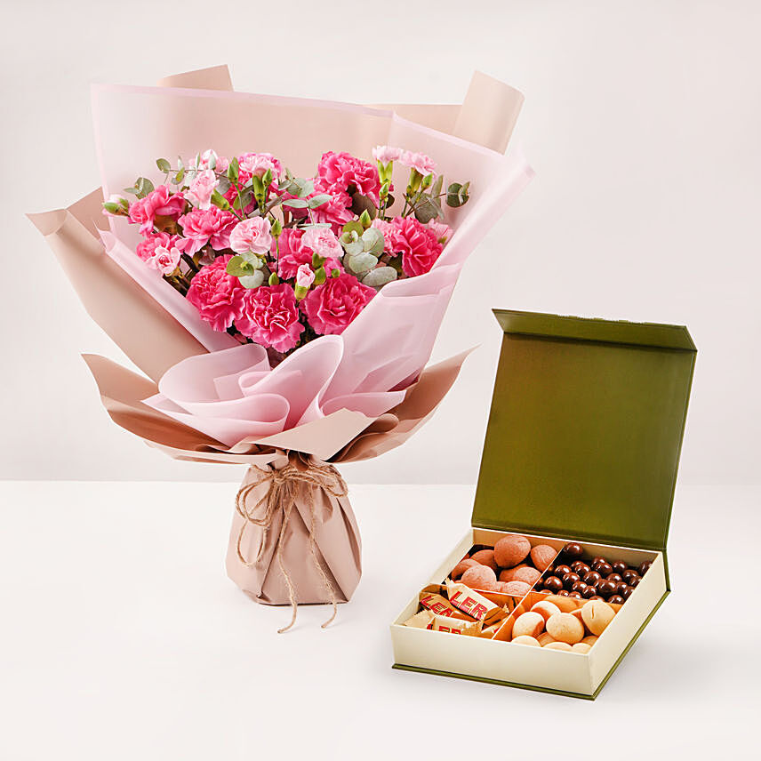 Birthday Wish Carnation Bouquet And Treat Box: Dubai Sweets