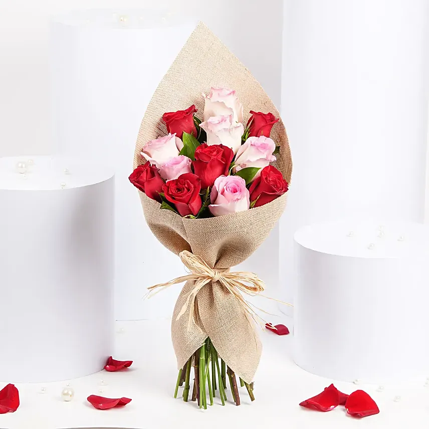 6 Pink 6 Red Roses Warmth Bouquet: 