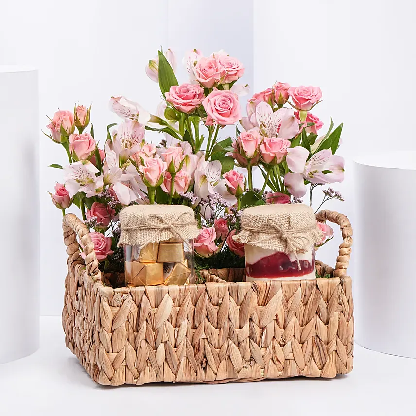 Cake Chocolates And Flowers Basket: Cake In a jar