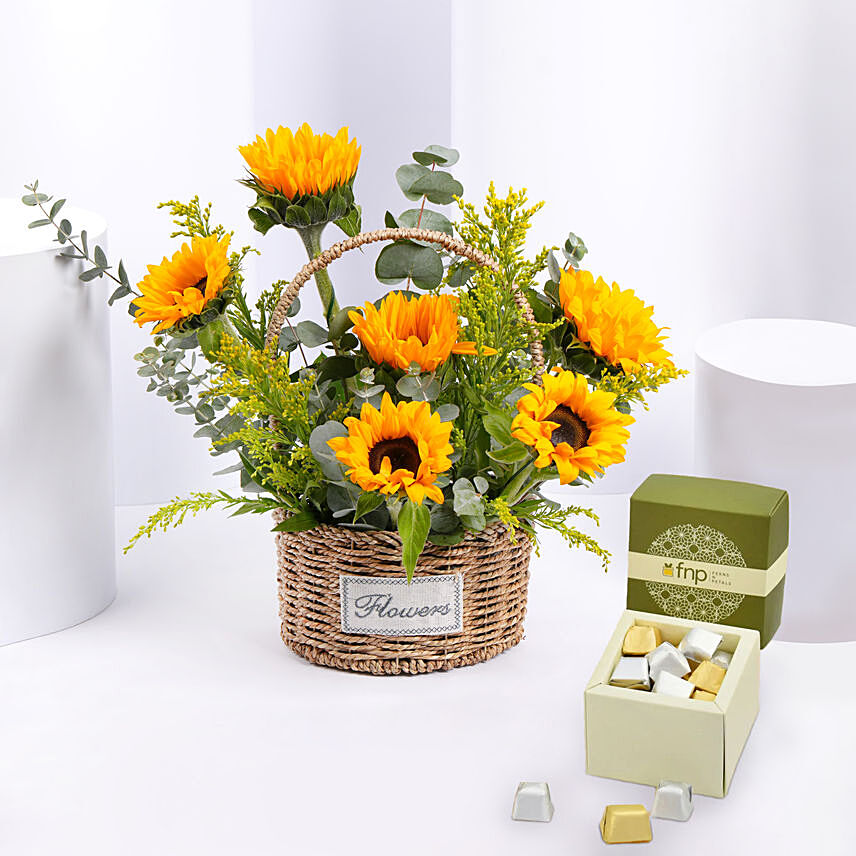Sunflower Shine Basket And Chocolate: Flowers & Chocolates for Mothers Day