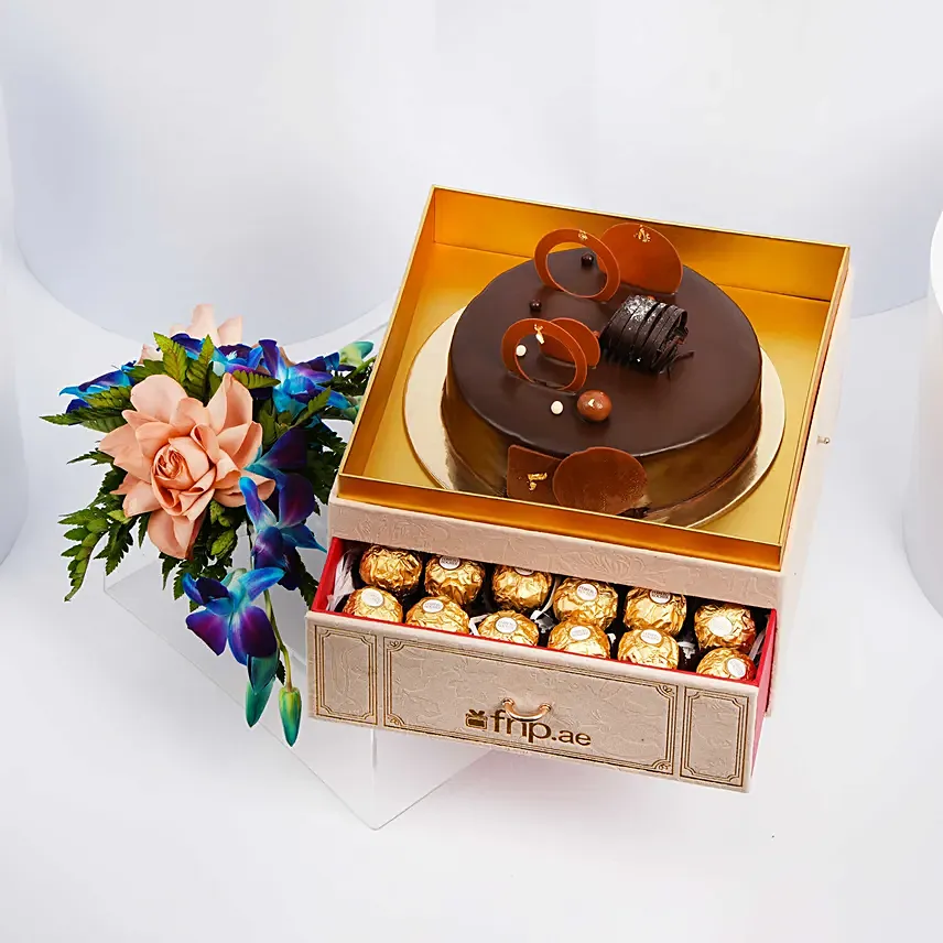 Premium Box Of Fudge Cake Flowers And Chocolates: Cake and Flower Delivery in Dubai