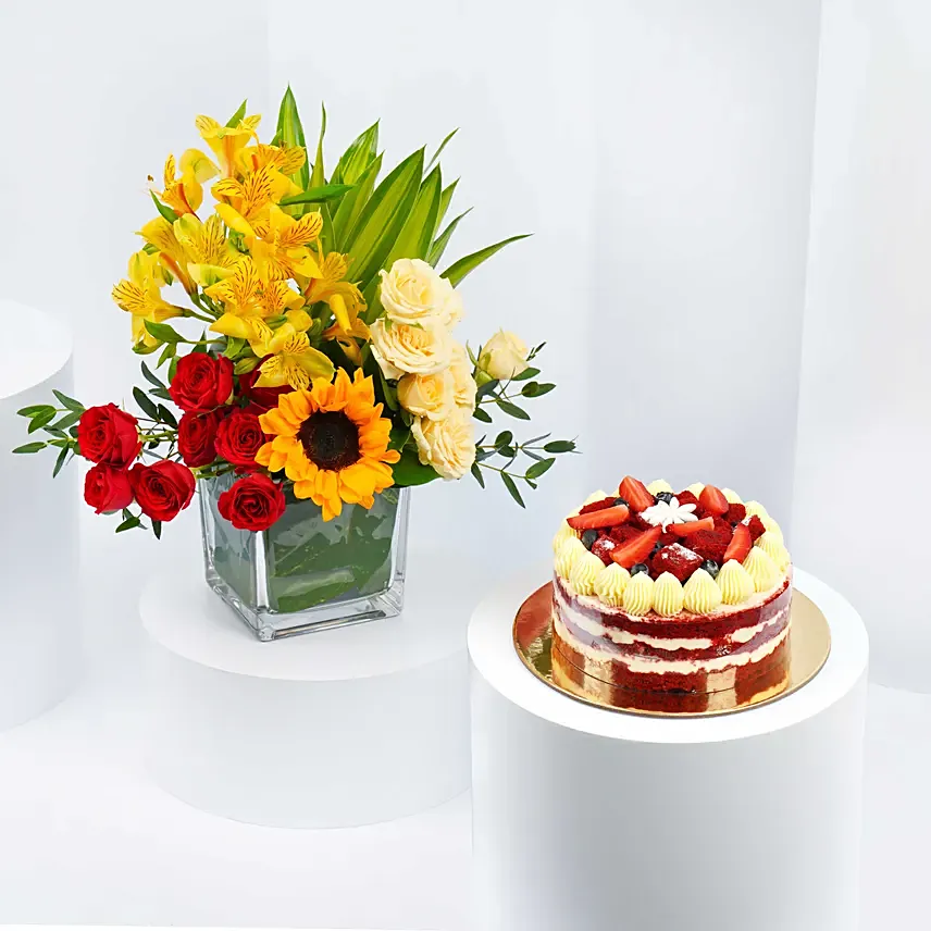 Red Velvet Cake and with Mix Flowers: Cake and Flower Delivery in Dubai
