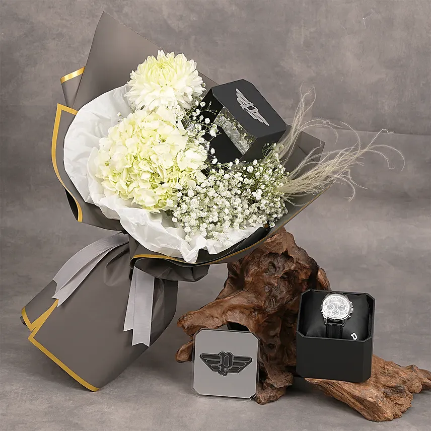 Silver Dial Watch By Police For Him With Flower Bouquet: 