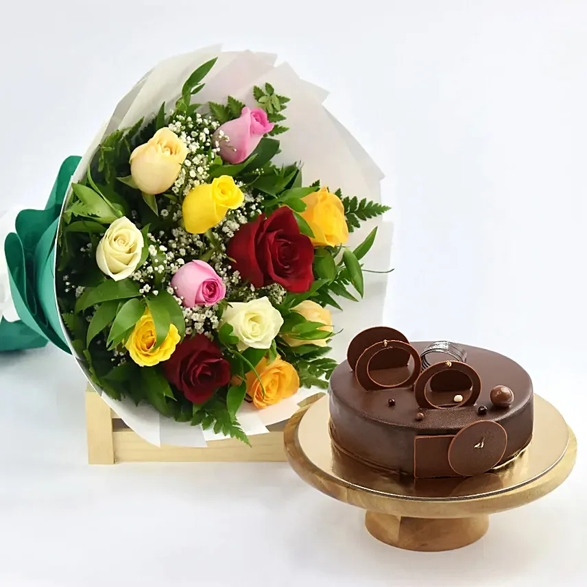 Dozen Multi Roses with Fudge Cake: Anniversary Gifts to Dubai