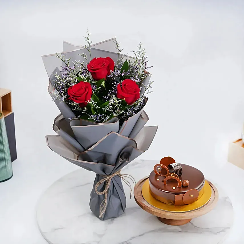 Chocolate Cake with Fresh Red Roses: Emirati Women's Day Gifts