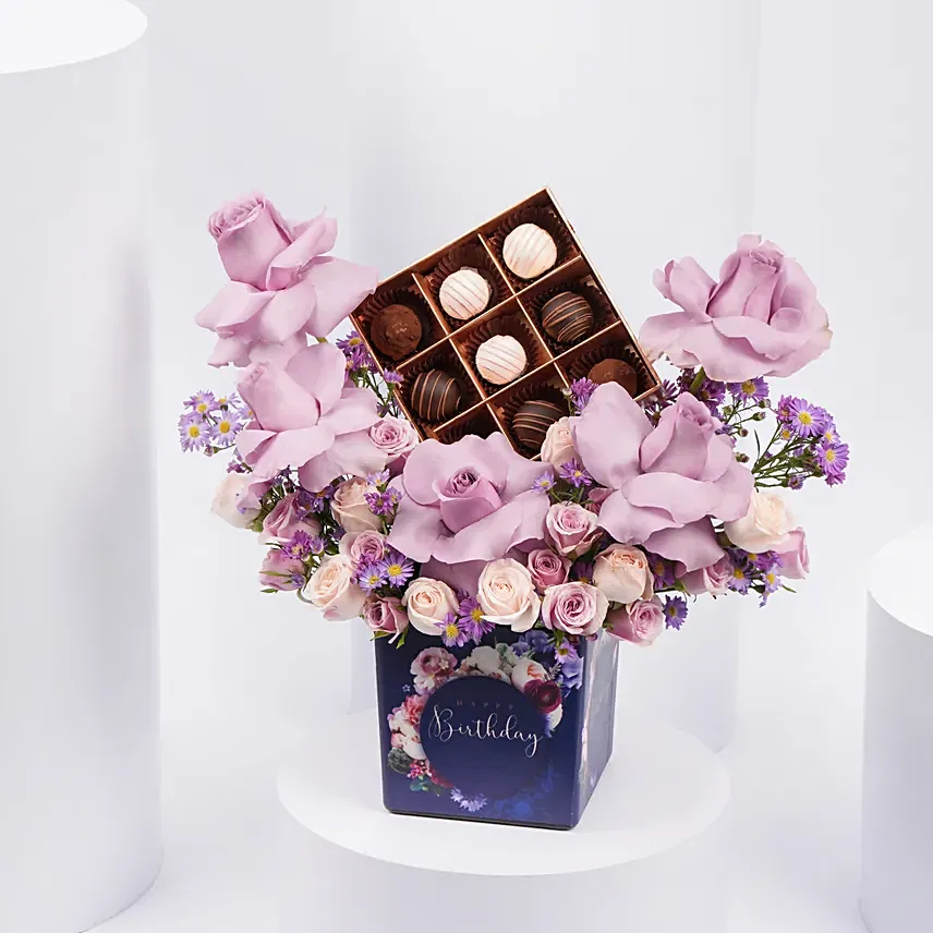 Birthday flowers with Premium Belgian Chocolates: Purple Roses Bouquet