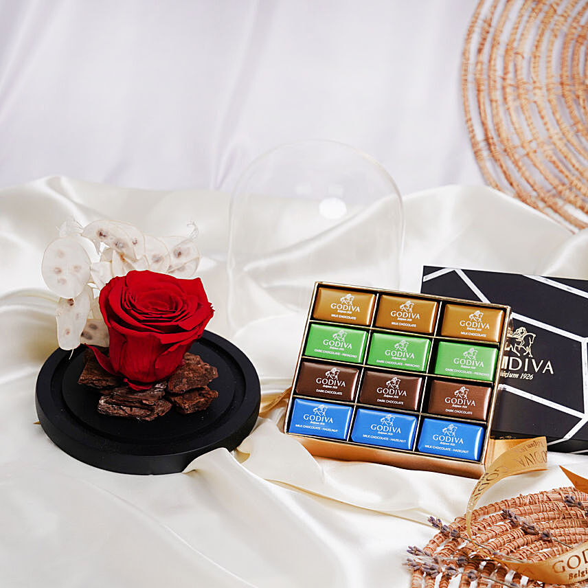 Red Forever Rose with Godiva Naps Chocolate: Artificial Flowers Dubai