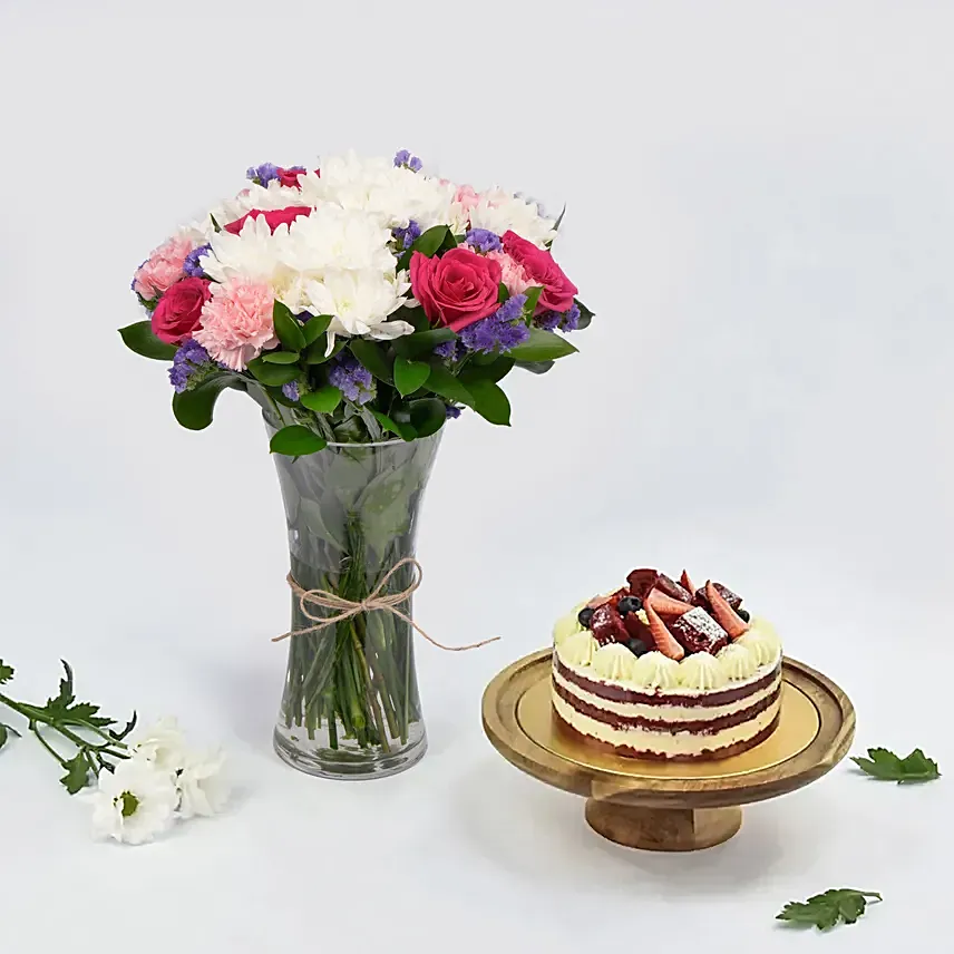 1 Kg red Velvet Cake Combo: Flowers & Cakes for Mothers Day