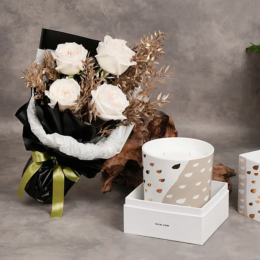 بوكيه ورد ابيض مع شمعة جود من صلصال: Silsal Gifts