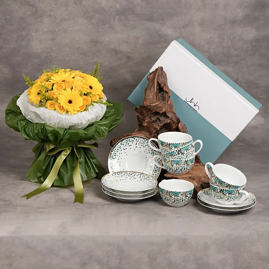 Gift Set Of 6 Mirrors Porcelain Teacups N Saucers Emerald With Flowers: 