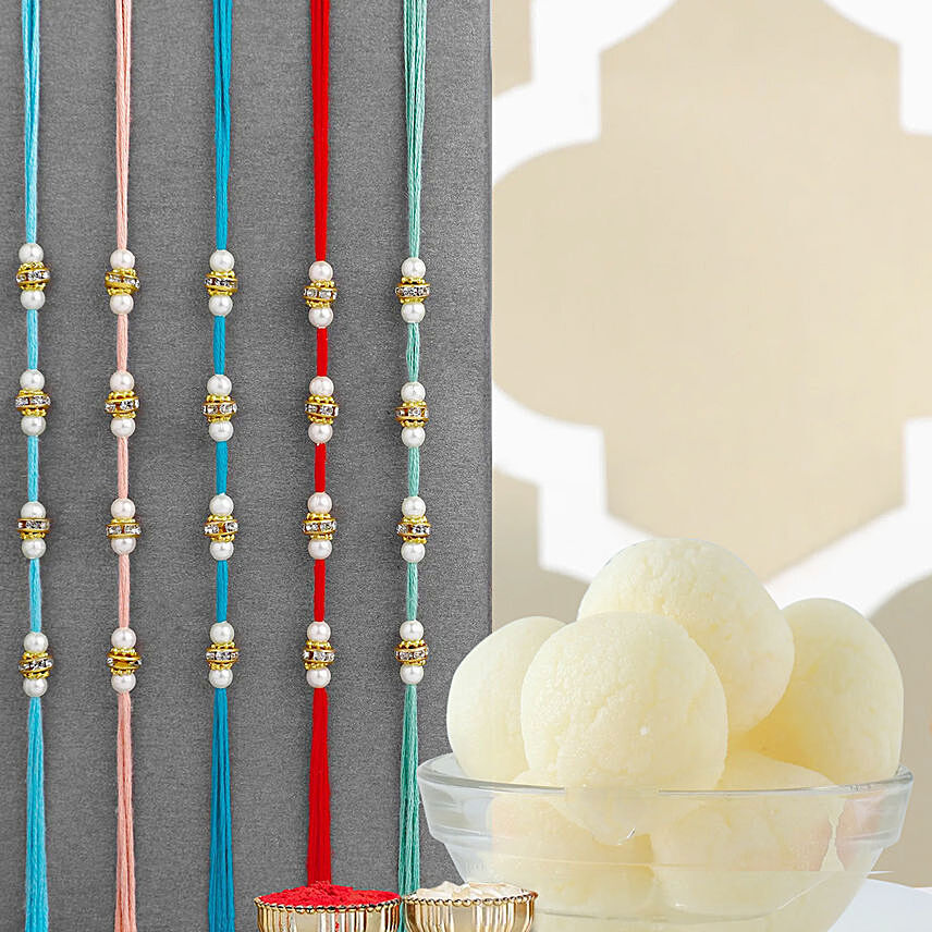 Understated Elegance Beads Rakhi Set of 5 N Rasgulla: Pearl Rakhi