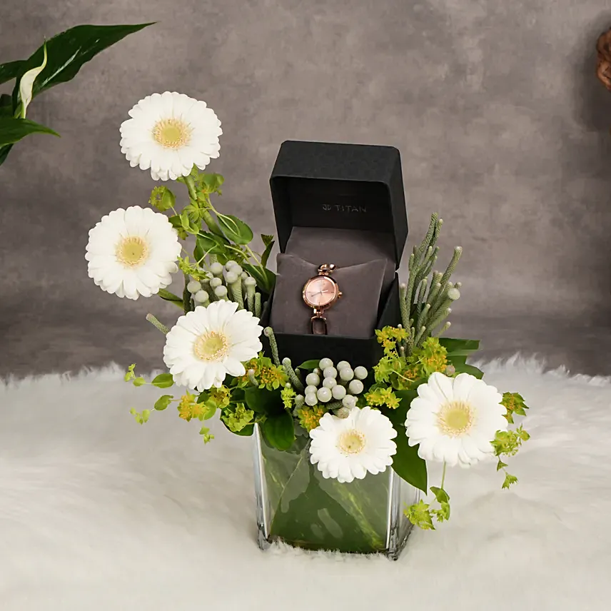 Titan Raga Watch For Her: Rose Gold, Vase & Flowers: 