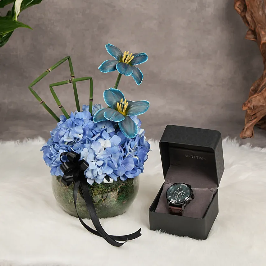 Titan Watch For Him Blue Dial, Floral Arrangement: 