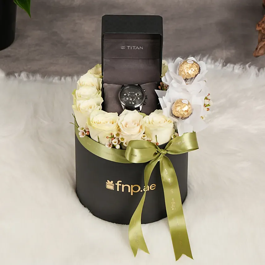 Titan Gift Box For Him- Watch flower & chocolate: Men's Watches